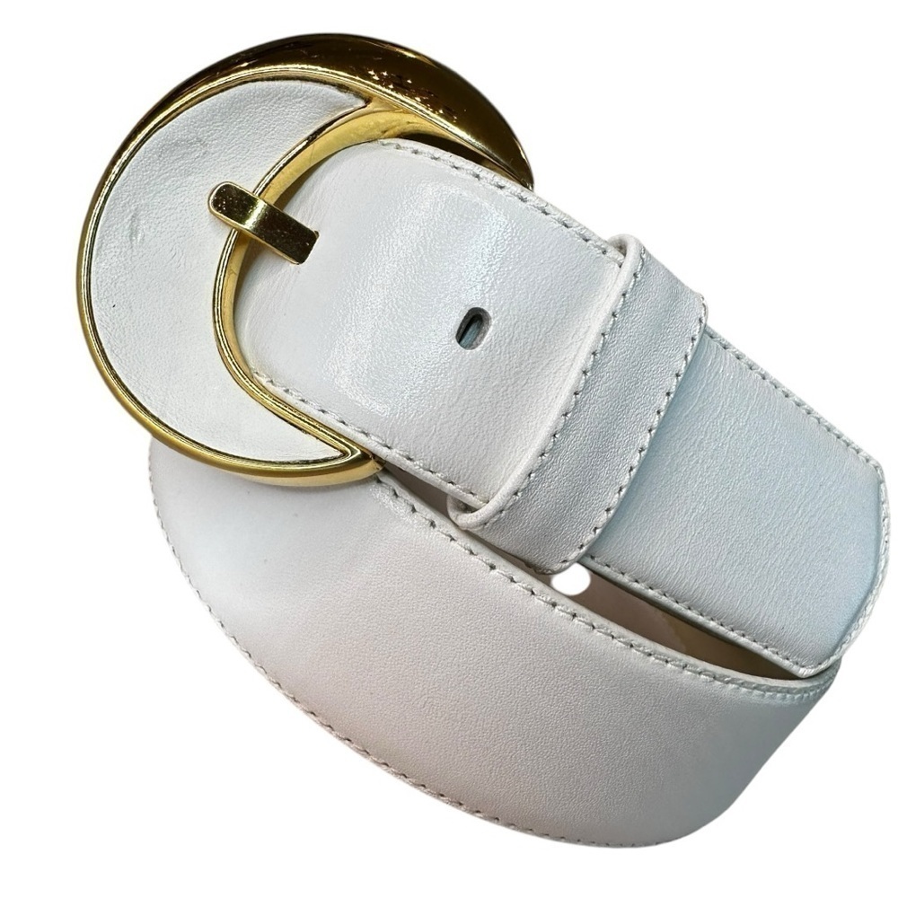 Liz Claiborne White Leather 80s Wide Belt Gold Trim Buckle